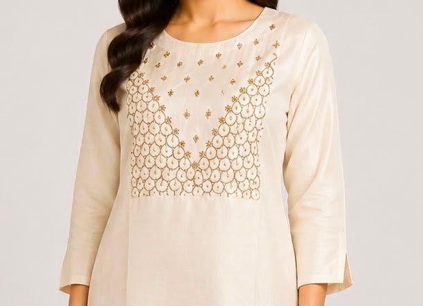 Intricate Scalloped-Pattern Off-White Kurta