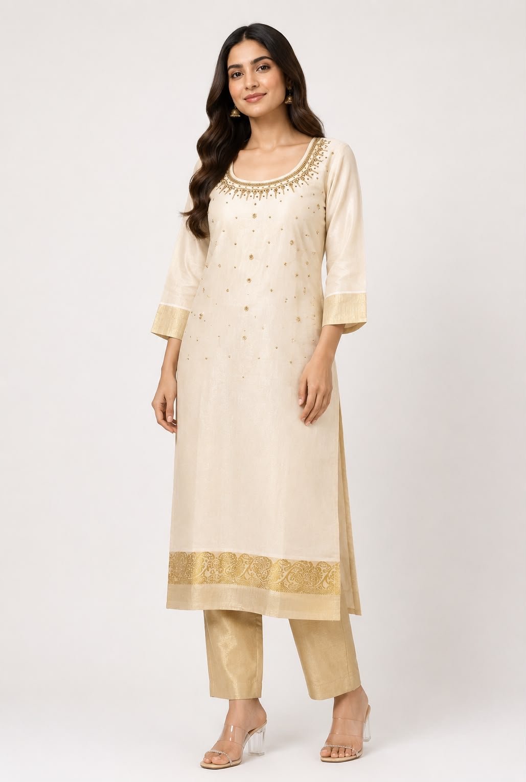 Embroidered Gold-Bordered Off-White Kurta