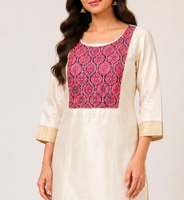Contrast-Yoke Off-White Kurta