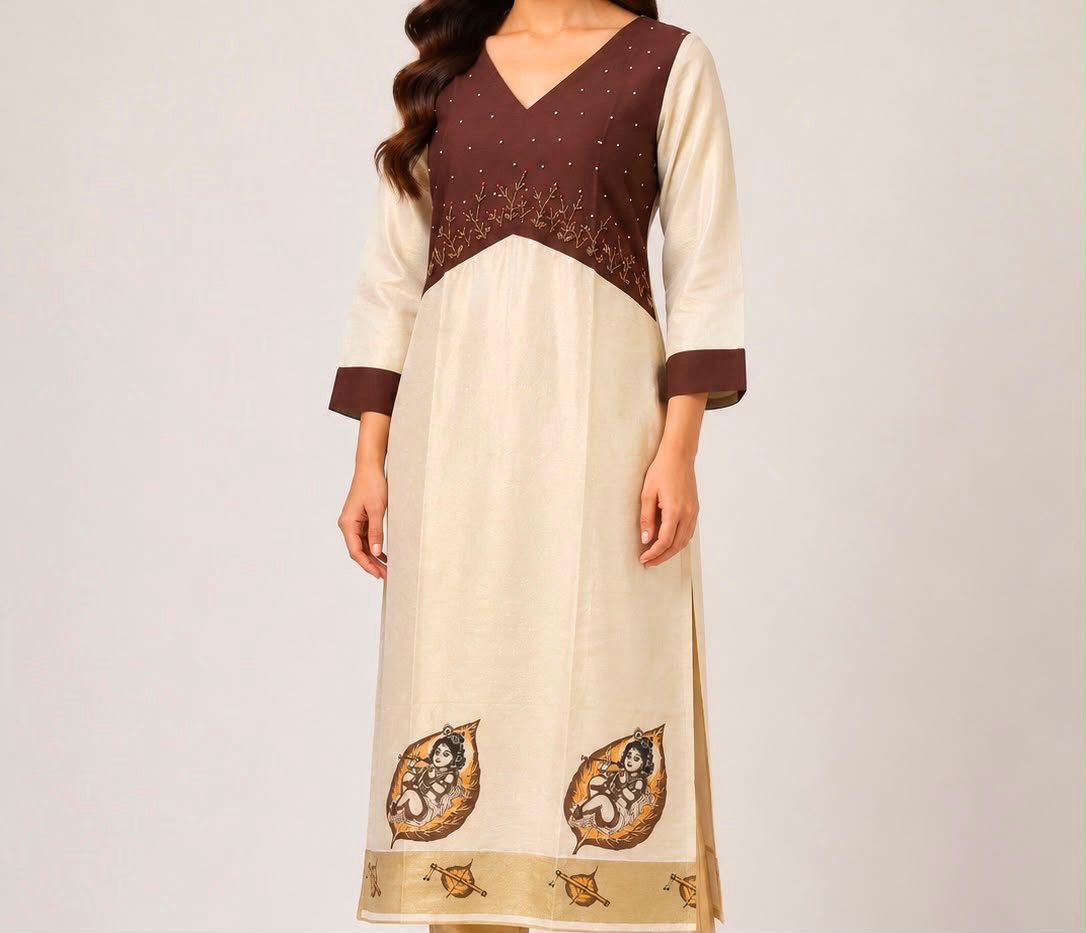 Krishna-Motif Brown-Yoke Kurta