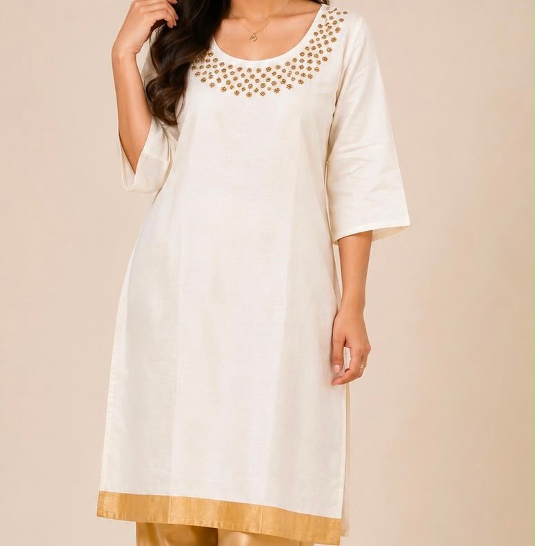 Beaded Neckline Off-White Kurta