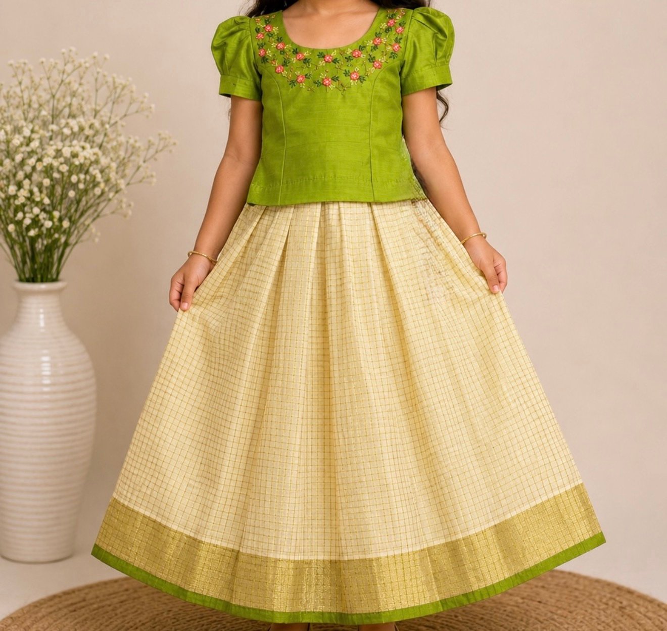 Green & Cream Floral Embroidered Pattu Pavada - Image 2