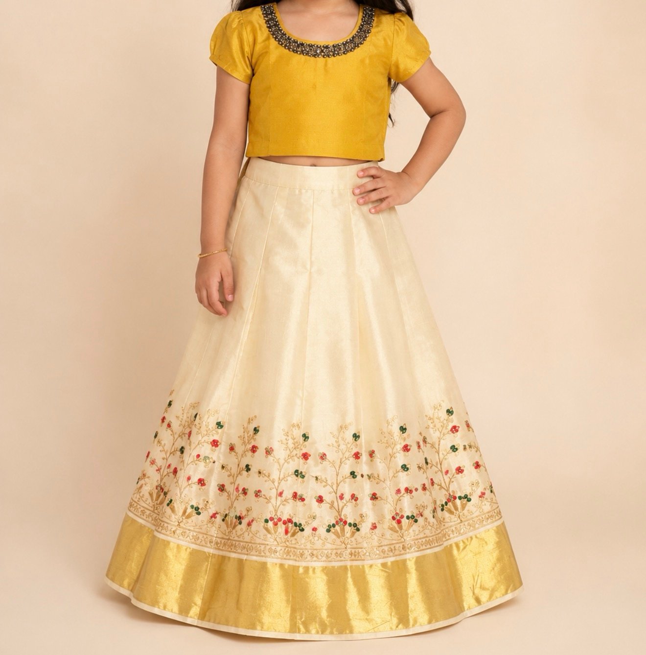 Mustard & Cream Floral Embroidered Pattu Pavada - Image 2