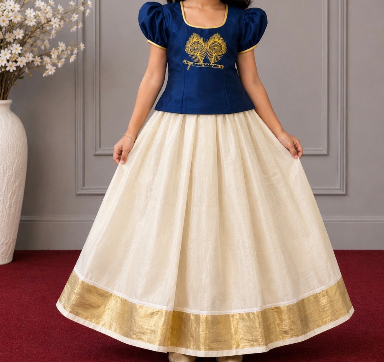 Blue & Cream Peacock Motif Pattu Pavada - Image 2