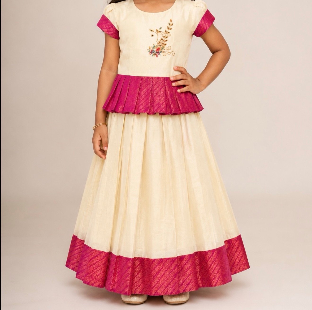 Cream & Magenta Patterned Pattu Pavada - Image 2
