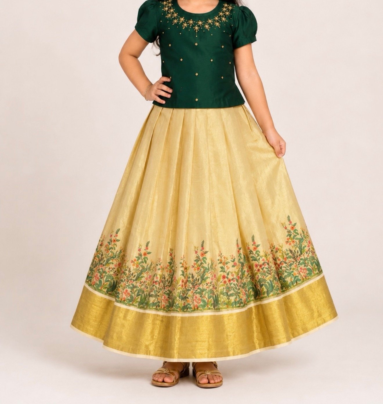 Green & Gold Floral Pattu Pavada - Image 2