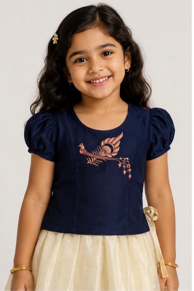 Navy Blue & Cream Peacock Motif Pattu Pavada - Image 2