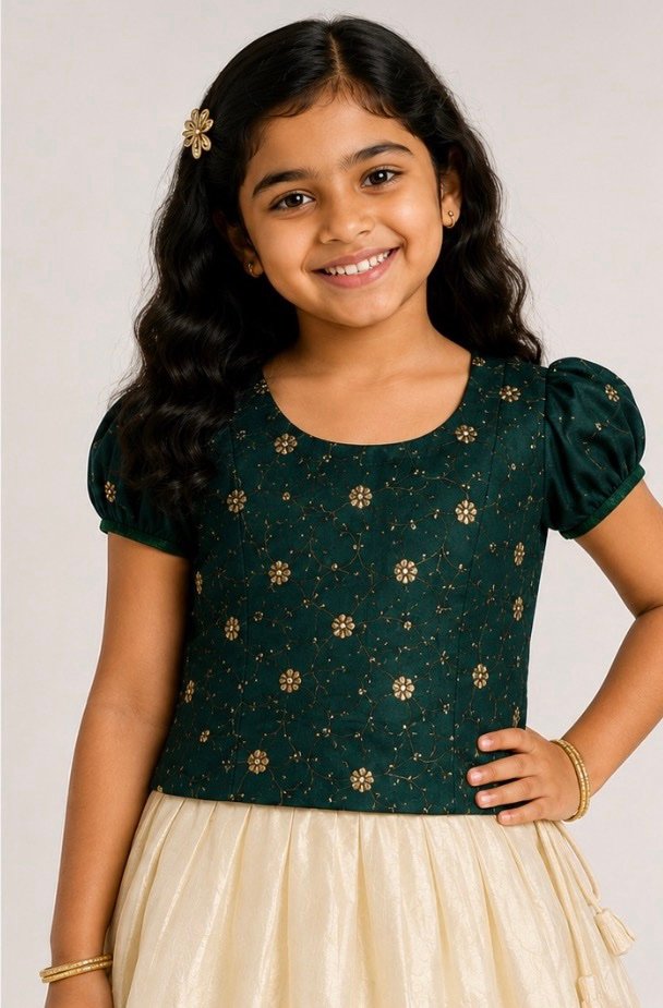 Dark Green & Cream Floral Pattu Pavada - Image 2