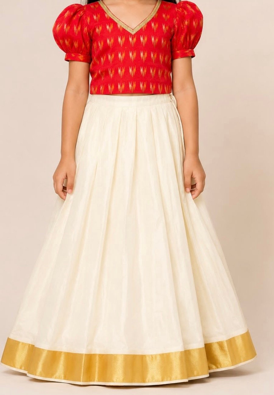 Red Ikat & Cream Traditional Pattu Pavada - Image 2