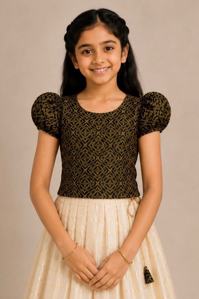 Black & Cream Patterned Pattu Pavada