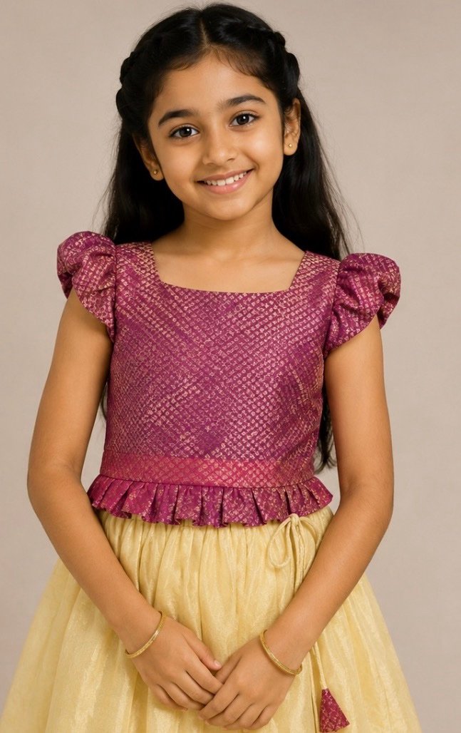 Magenta & Cream Patterned Pattu Pavada - Image 2
