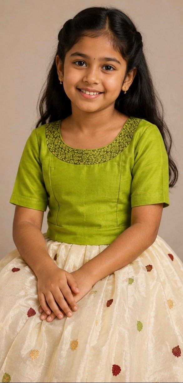 Lime Green and Cream Pattu Pavadai Set - Image 2