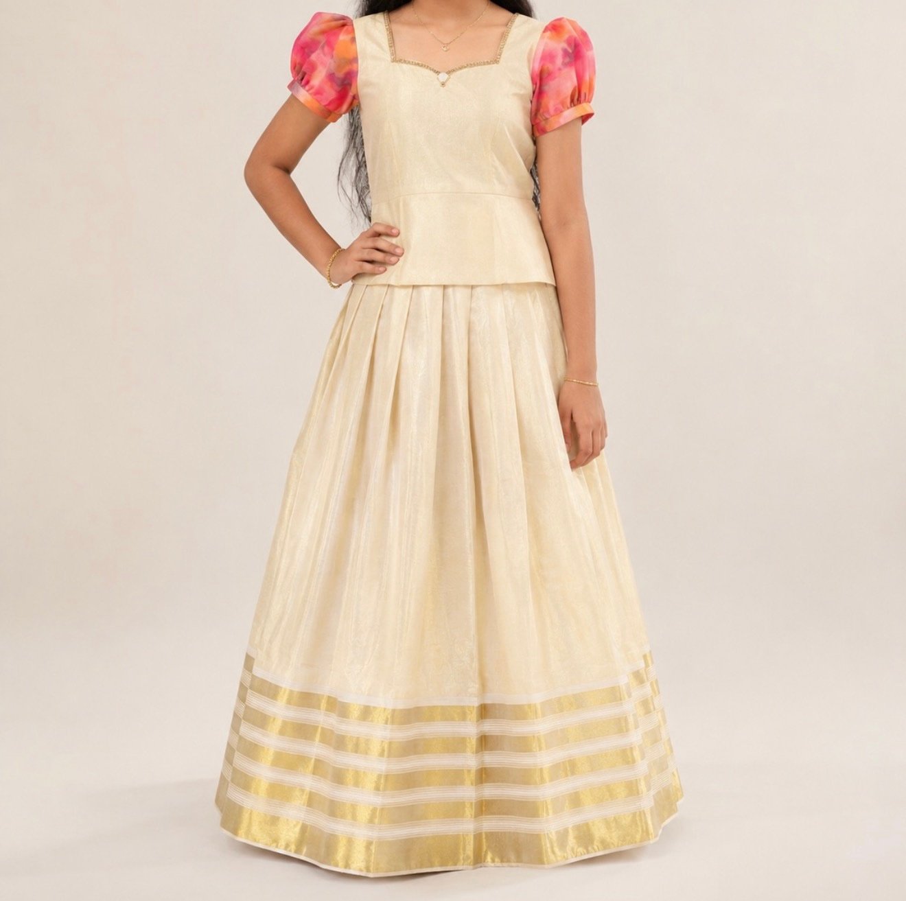 Cream Patterned Ethnic Set with Multi-colored Sleeves - Image 2
