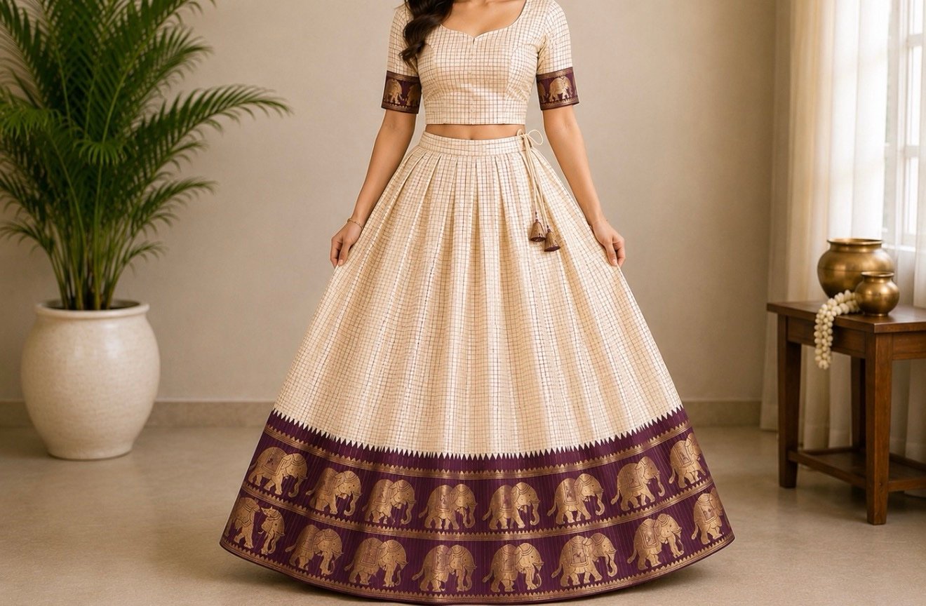 Cream and Purple Elephant Motif Ethnic Set