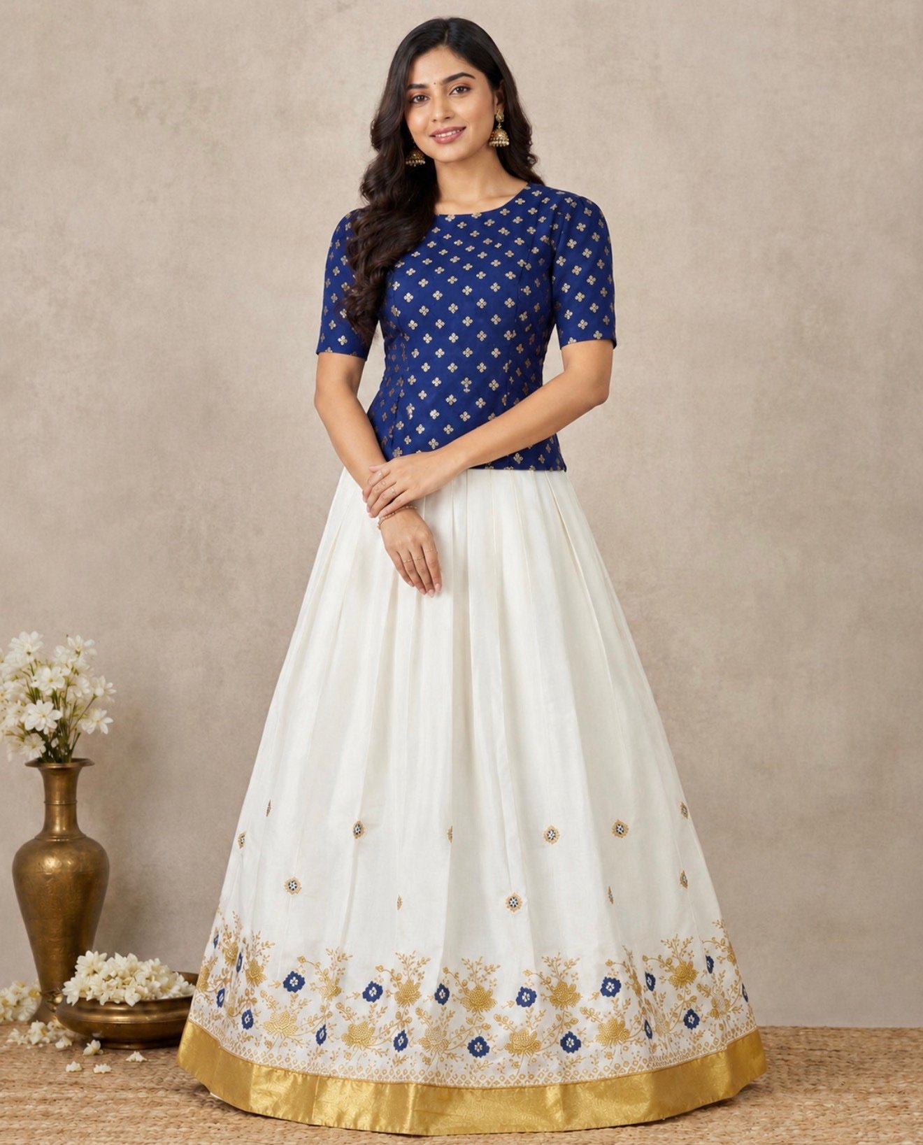 Royal Blue Patterned Top and Embroidered White Ethnic Set