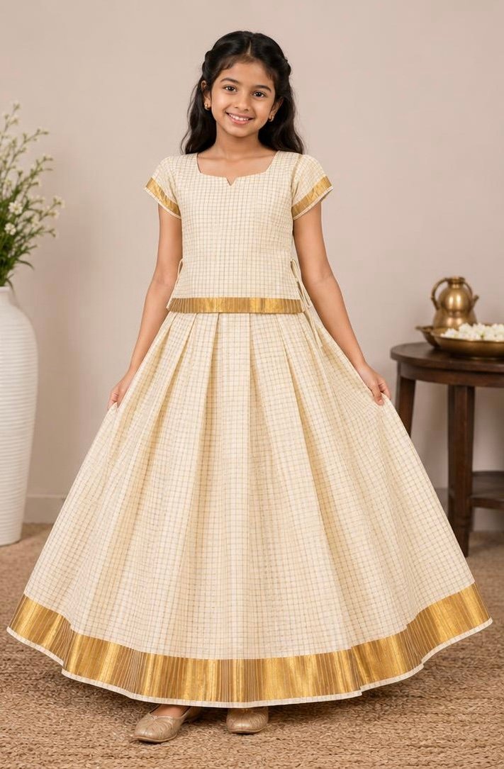 Classic Cream and Gold Checkered Ethnic Set for Kids