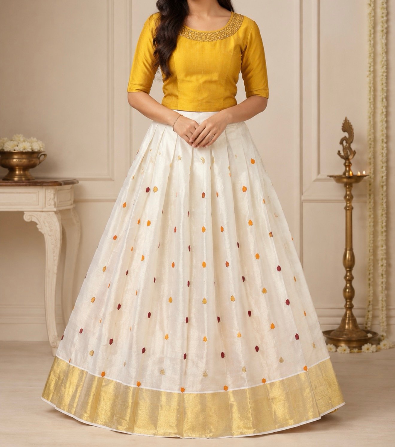 Mustard Yellow and Cream Leaf Motif Ethnic Set - Image 2