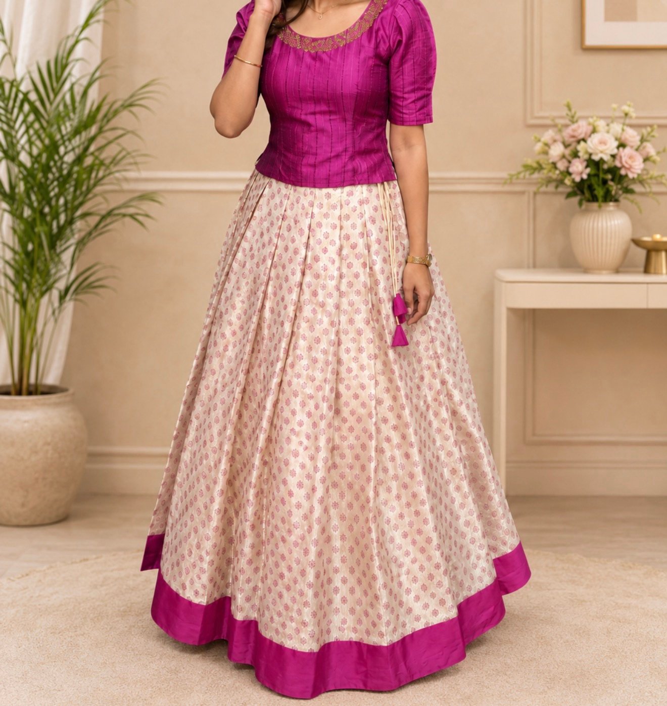 Magenta and Cream Patterned Ethnic Set - Image 2
