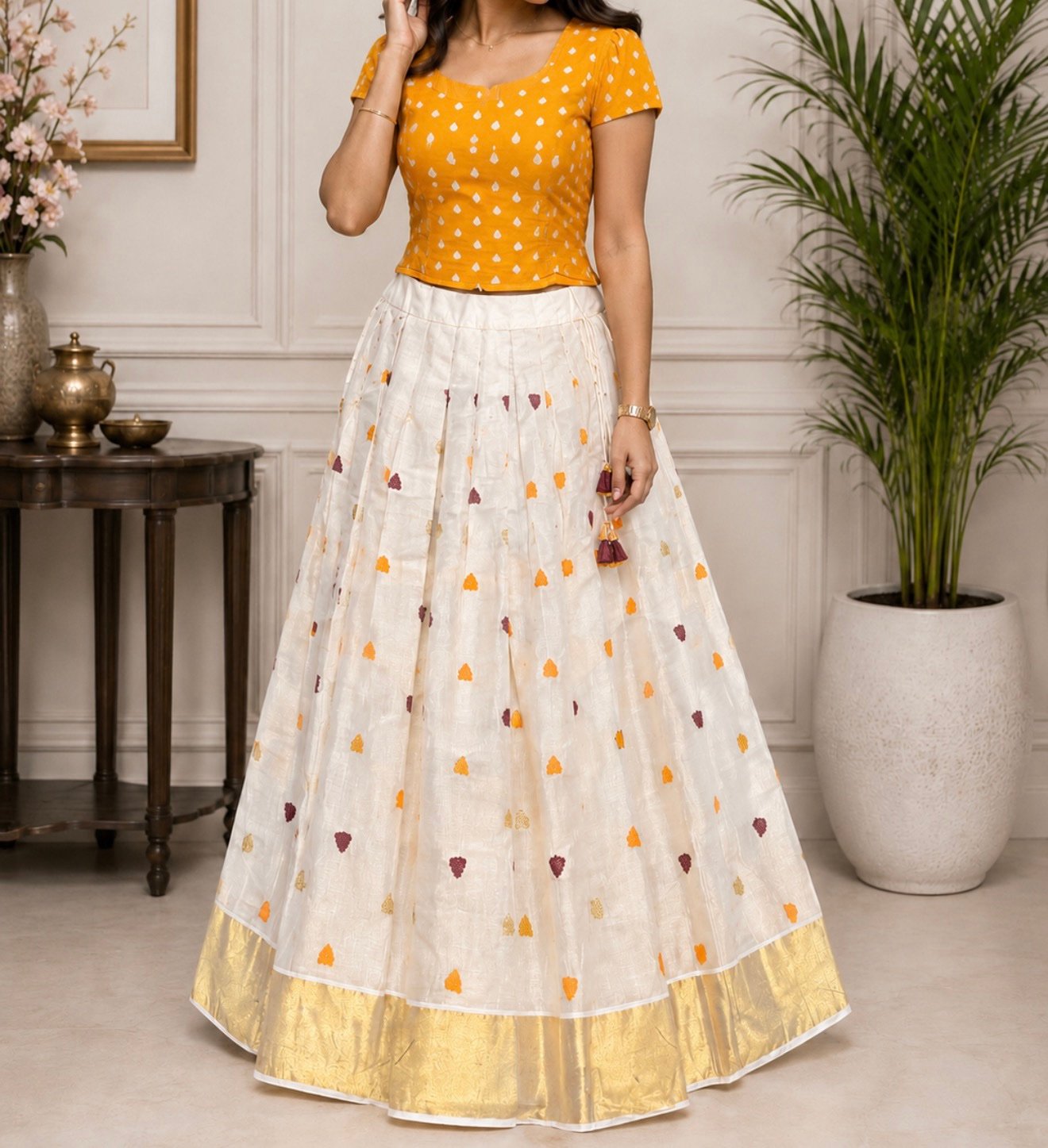 Yellow Patterned Top and Cream Floral Skirt Ethnic Set - Image 2