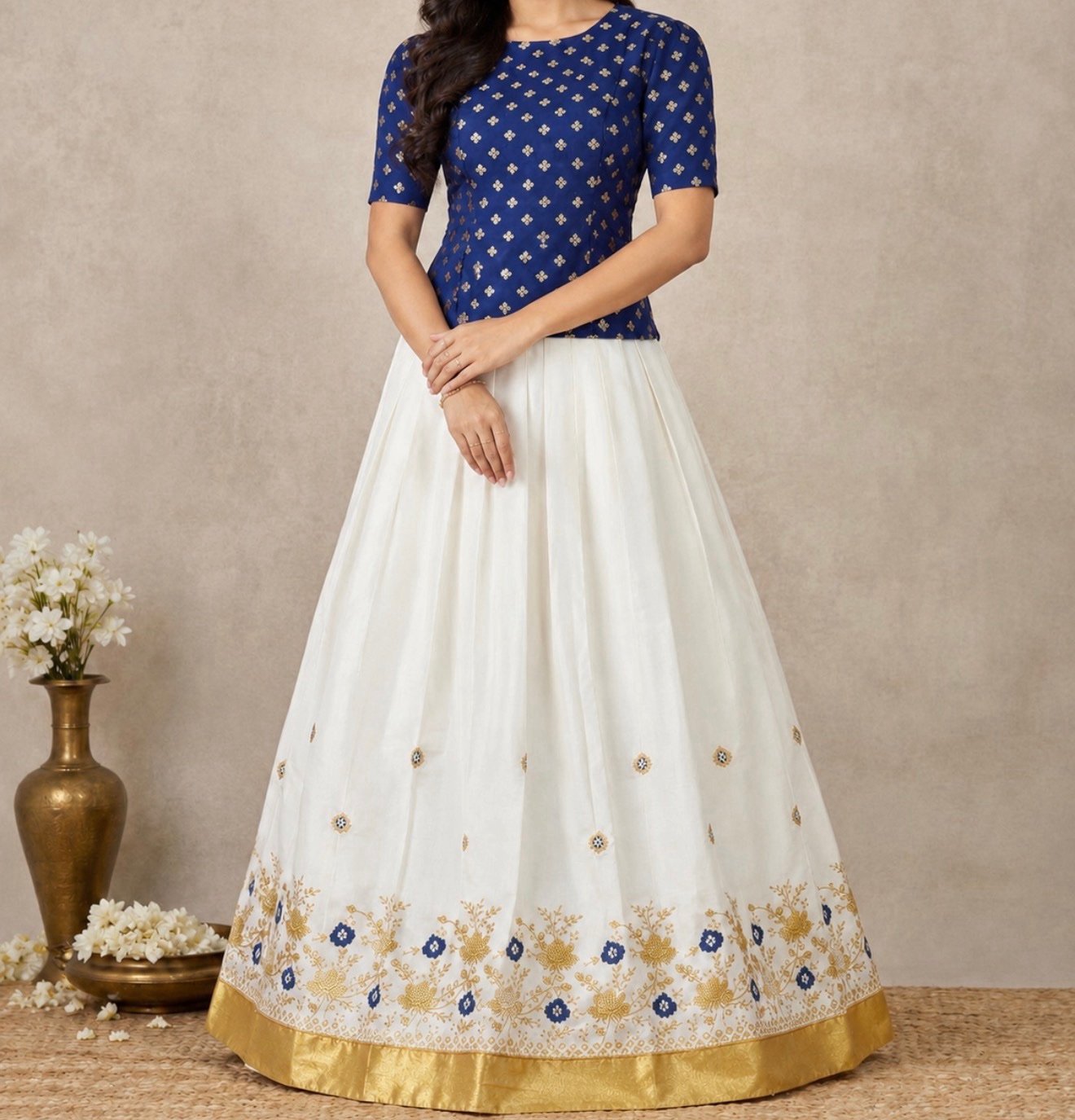 Royal Blue Patterned Top and Embroidered White Ethnic Set - Image 2