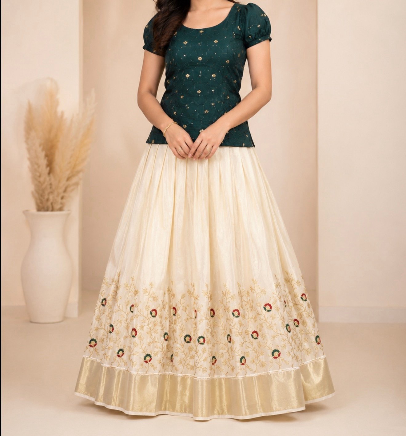 Dark Green and Cream Floral Ethnic Set - Image 2