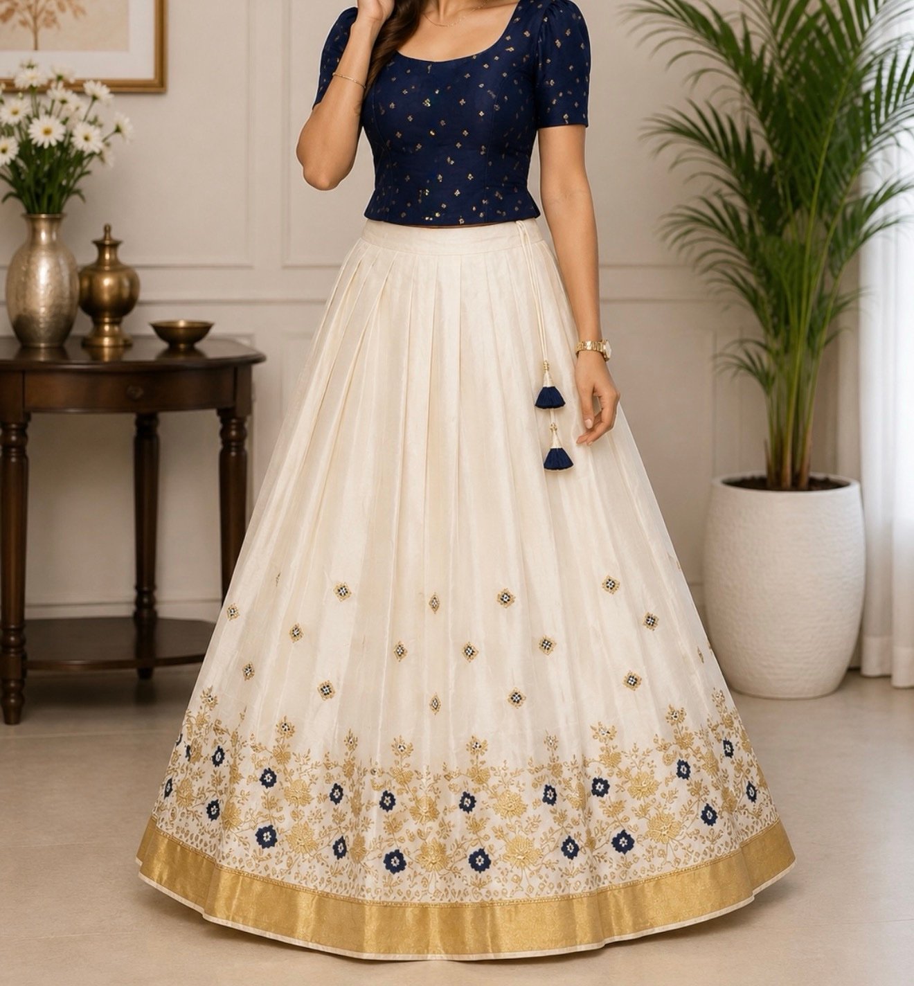 Navy Blue and Cream Floral Ethnic Set - Image 2