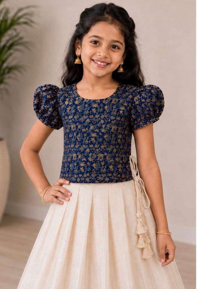 Navy Blue Floral Puffed-Sleeve Ethnic Set for Kids - Image 2