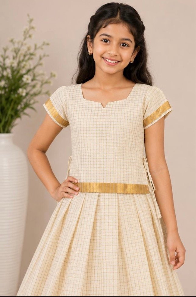 Classic Cream and Gold Checkered Ethnic Set for Kids - Image 2